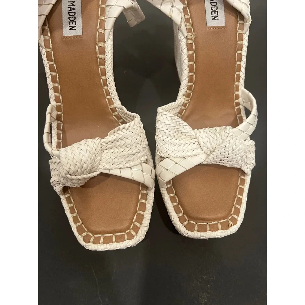 Steve Madden Jylan Wedge Sandals Womens 10 White Woven Knot Ankle Strap Summer